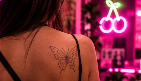 Delicate fine-line butterfly tattoo on a client's shoulder