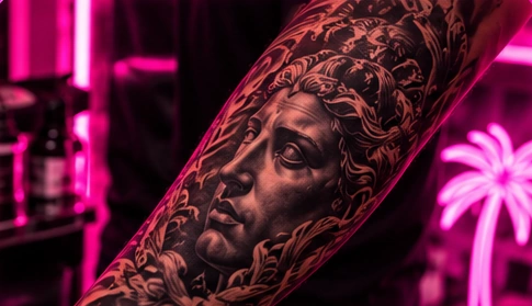 Detailed black-and-grey portrait tattoo with strong shading on an arm